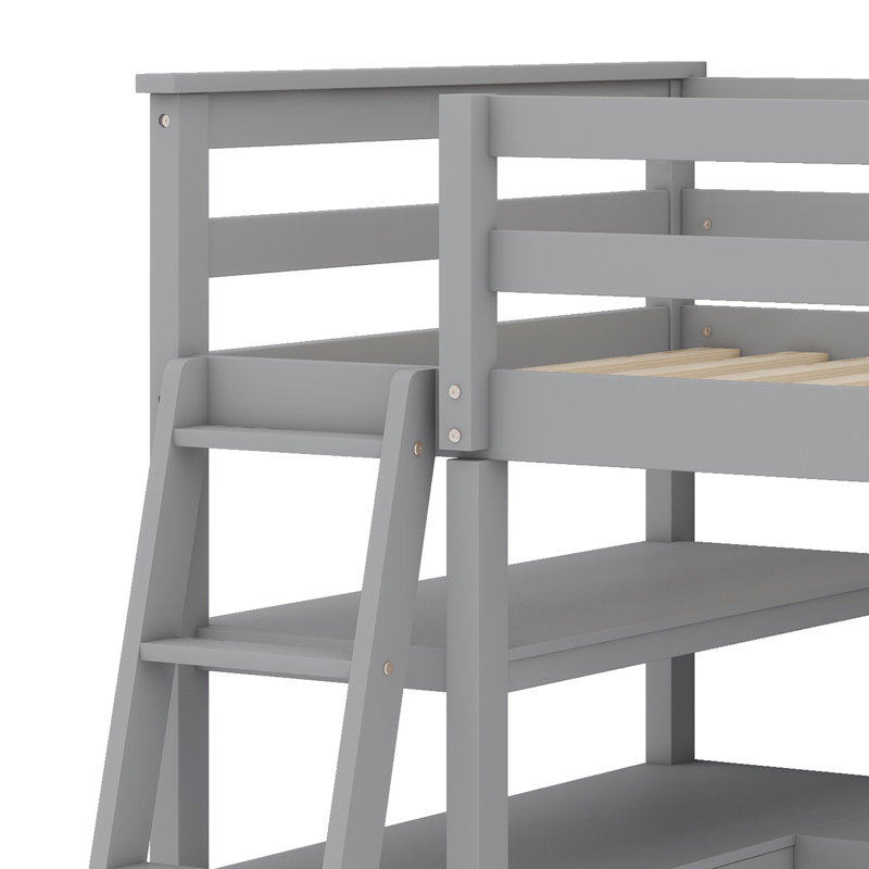Lit mezzanine avec bureau et tablettes et deux tiroirs intégrés, Gris