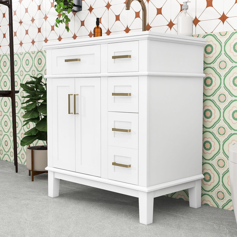 Meuble-lavabo autoportant avec lavabo en céramique, armoire de rangement à fermeture en douceur et tiroirs, Blanc / blanc