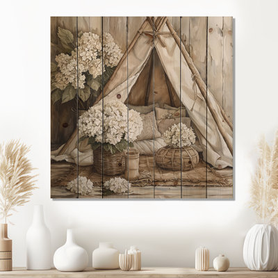 Boho hortensias dans un tipi Boho I - impression d'hortensias sur bois de pin naturel