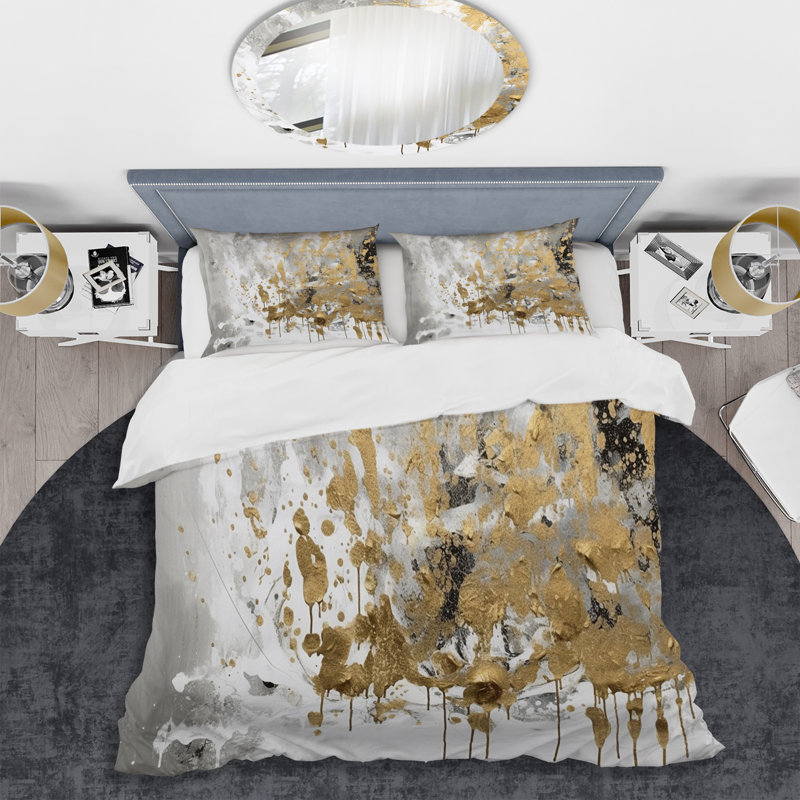 Ensemble de housse de couette en microfibre / polyester blanc et doré, Housse de couette simple + 1 taie décorative stan