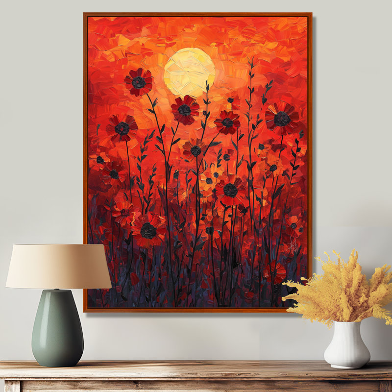 «Red Sunset Wildflowers Glory II», art mural fleurs sauvages, H 20 po x l 12 po, Reproduction avec cadre flottant, Brun
