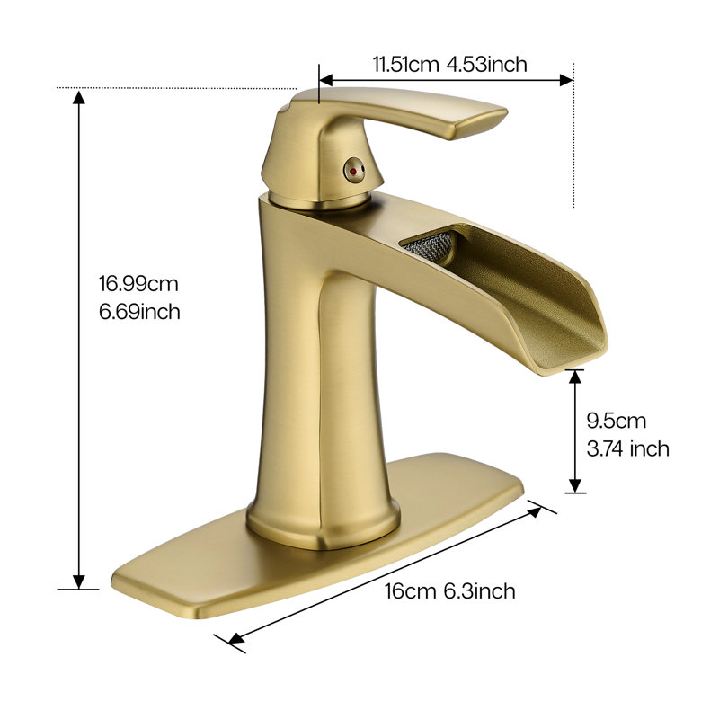 Brushed Gold Waterfall Bathroom Faucet With Single Handle, Pop - Up Drain, 3 Layer Filter, Deck Plate, 1/3 Hole Installation, Water Saving, Mounted Handle Hot & Cold Sink Spout, Ceramic Cartridge,