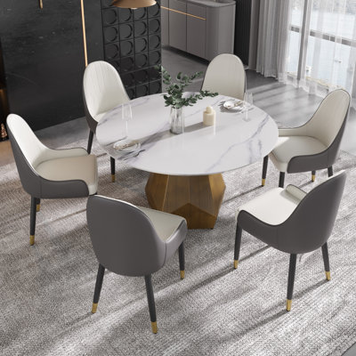 7 - Piece Stone Top Pedestal Dining Set