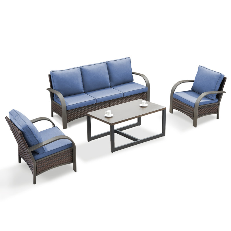 Bobra Outdoor Courtyard Handmade Rattan Conversation Set With Coffee Table, Bleu