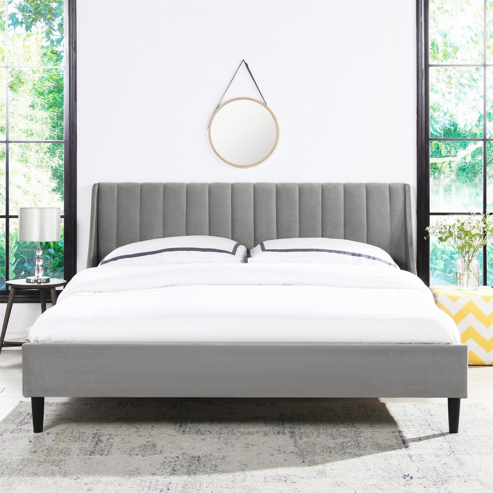 Helaina Upholstered Wingback Bed, Queen, Gray Velvet
