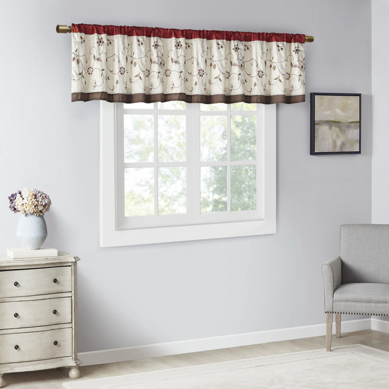 Red and Ivory Floral Embroidered Rod Pocket Valance