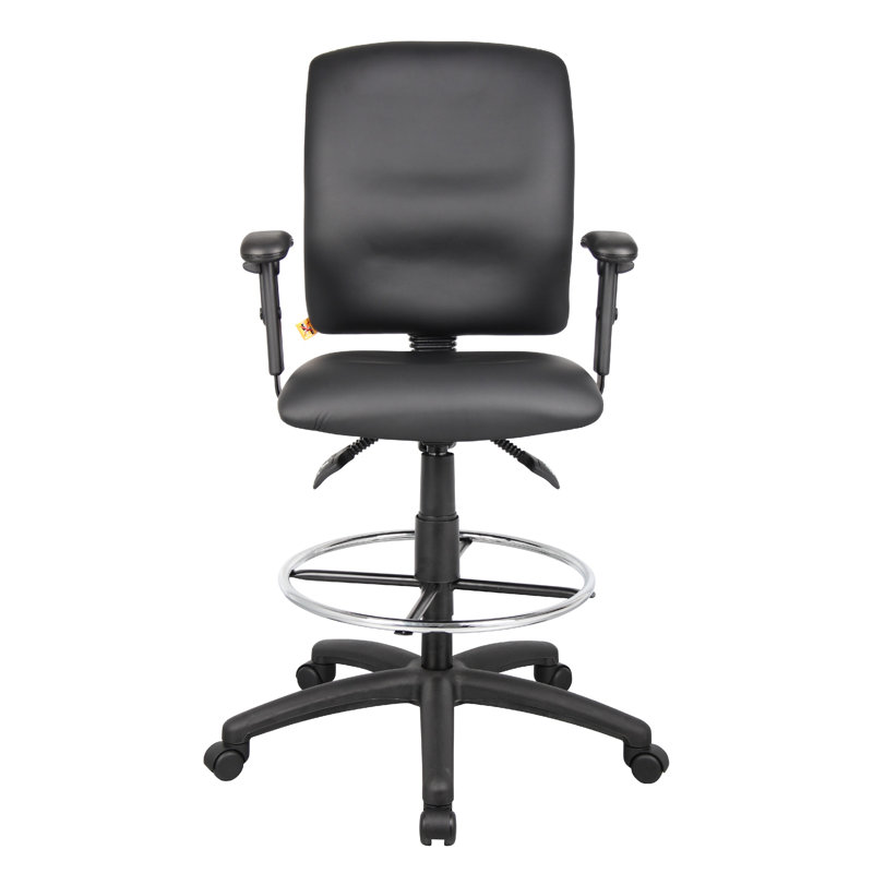 Reza Swivel Drafting Stool, Adjustable Arms, Footring, Black Faux Leather, Black Faux Leather