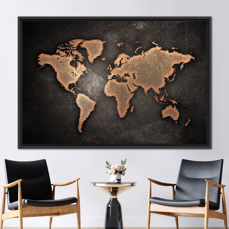 Printed Modern Abstract World Map School Office Wall Art Canvas Poster, Framed Print without Mat, Black, 40 cm H x 60 cm W