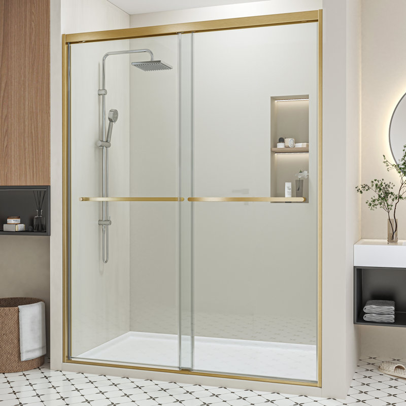 56"-60" W x 76" H Double Sliding Semi-Frameless Shower Door with 5/16" (8mm) Crystal Clear Tempered Glass, Brushed Gold