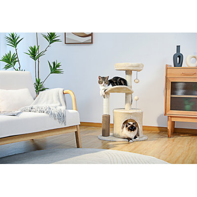 Petit arbre à chat pour chat d'intérieur, tour de chat moyenne avec jouet pour chat interactif, condo pour chat 32,7 po avec brosse auto-toilettée, griffoir naturel pour chat, boules pendantes pour petits et moyens chats