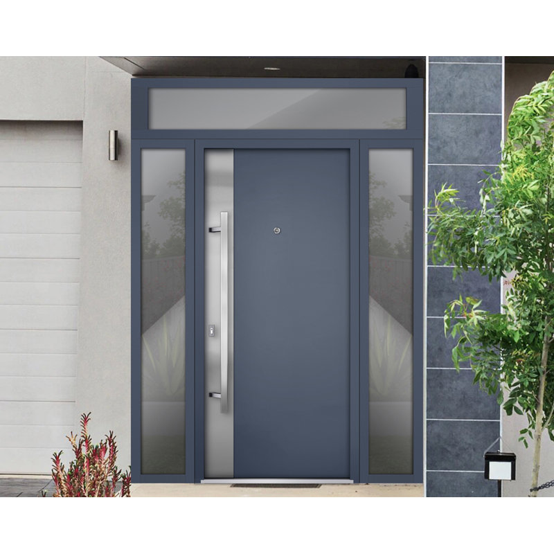 Porte avant en acier pré-suspendue à l'avant / deux graphite gris 0729/2 fenêtres extérieures latérales et supérieures / inserts en acier inoxydable peints simples modernes - l 12 po + 36 po x H 80 po + 16 po - Pivotement à droite