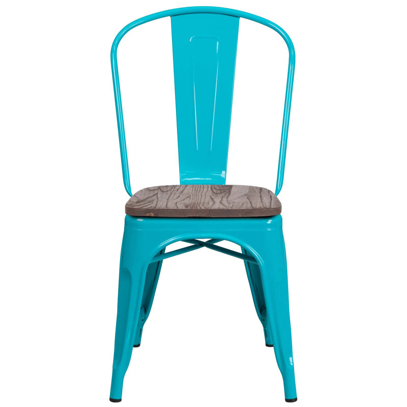 Chaise empilable en métal avec siège en bois Kewaunee, Bleu sarcelle cristallin / bleu