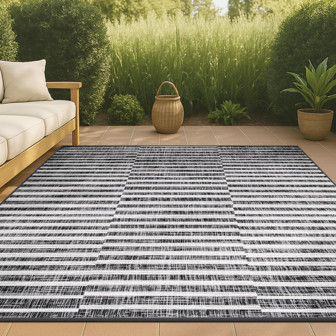 Perrigo Modern Offset Stripe Black/Ivory Indoor/Outdoor Rug Mercury Row® Rug