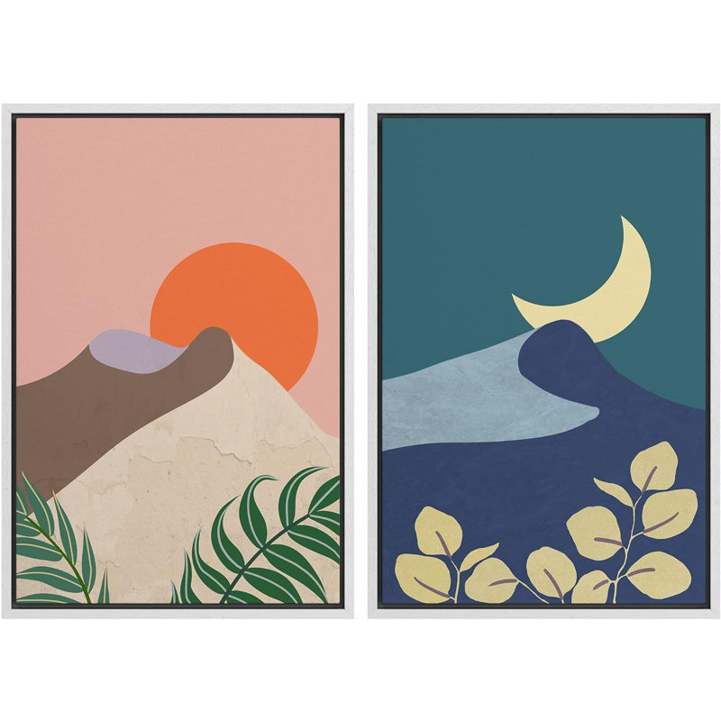 «Desert Dune Sun & Crescent Moon Nature Shapes Modern Art Scenic Colorful on Canvas», reproduction de 2 pièces