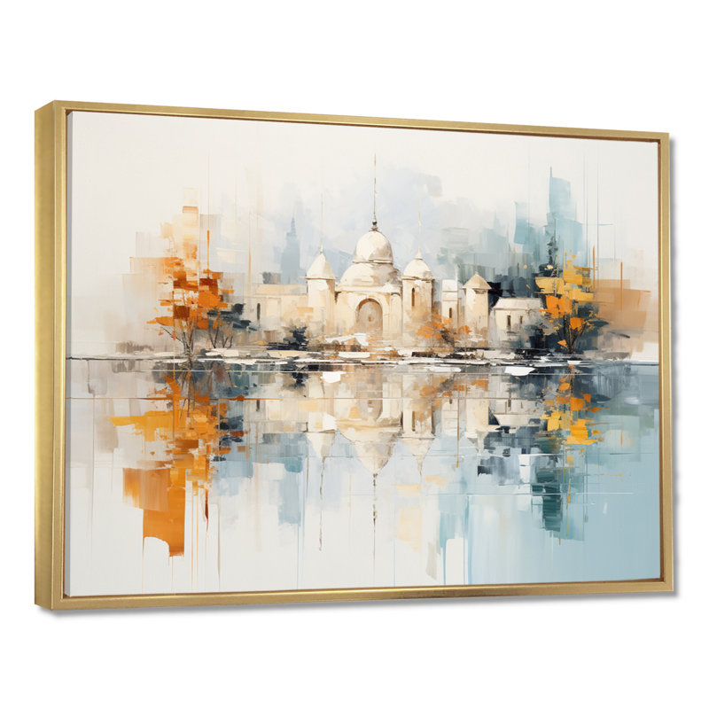 Eastern City Towers Pastel - art mural paysage urbain, Toile avec cadre flottant or, H 12 po x l 20 po x P 1 po