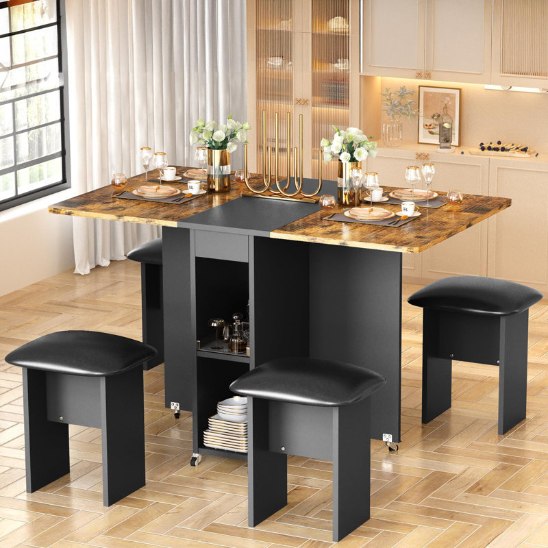 Foldable Dining Set for 4 - Space-Saving Table with Wheels & Leather Chairs, Brown/Black