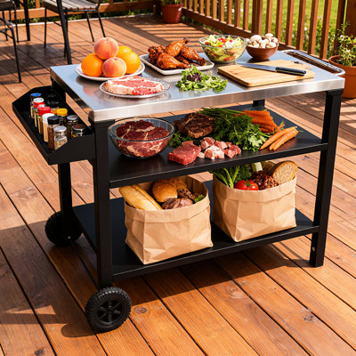 Chariot de barbecue extérieur avec 3 structures, plateau supérieur en acier inoxydable et tablette latérale, roulettes de table de barbecue mobiles pour la cour arrière, rouille durable, outils de rangement spacieux, utilisation en douceur,