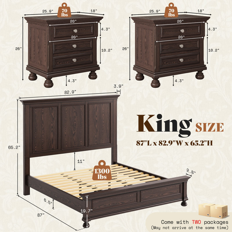 Ensemble de chambre à coucher 3 pièces en bois massif classique, comprenant un très grand lit de 65 po et deux tables de chevet, brun foncé