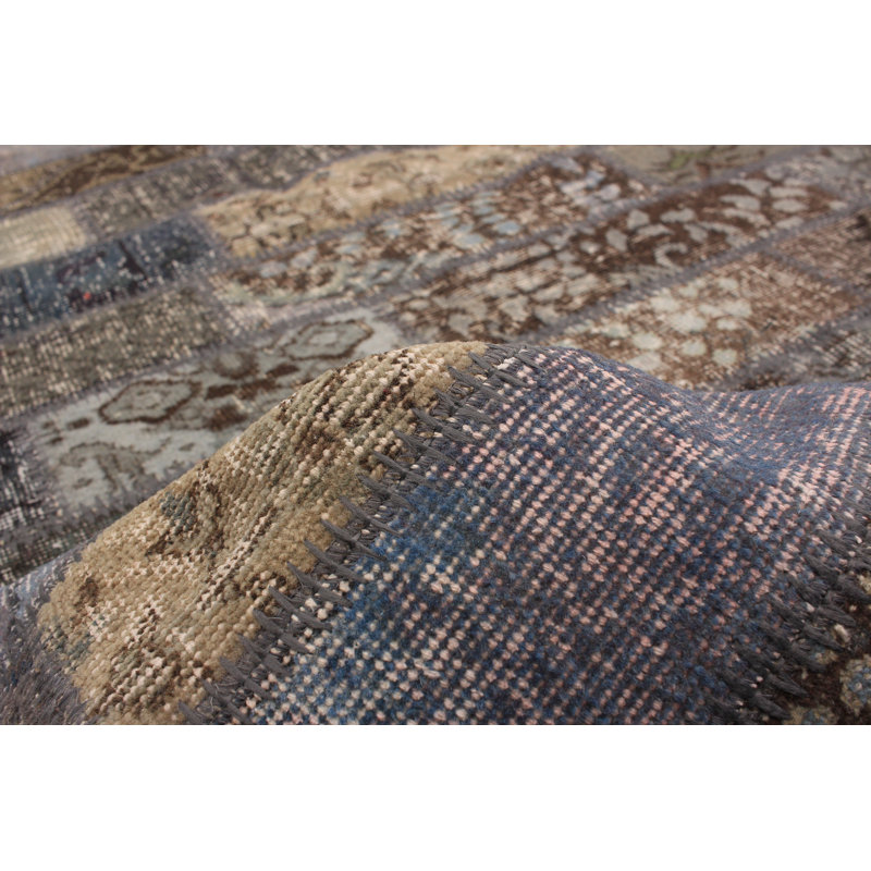 Tapis unique en laine noué à la main style patchwork des années 2010 de 4 pi 10 po x 6 pi 5 po gris Hughestown