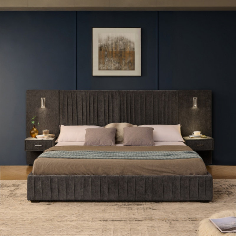 Très grande base de lit tapissier avec tissu chenille et tête de lit plissée, Roi