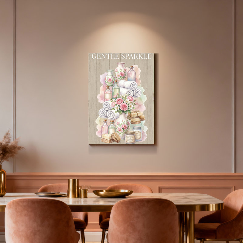 «Gentle Sparkle Floral Bath Essentials», reproduction d'art sur toile tendue sur toile, ensemble de 1, H 24 po x l 16 po