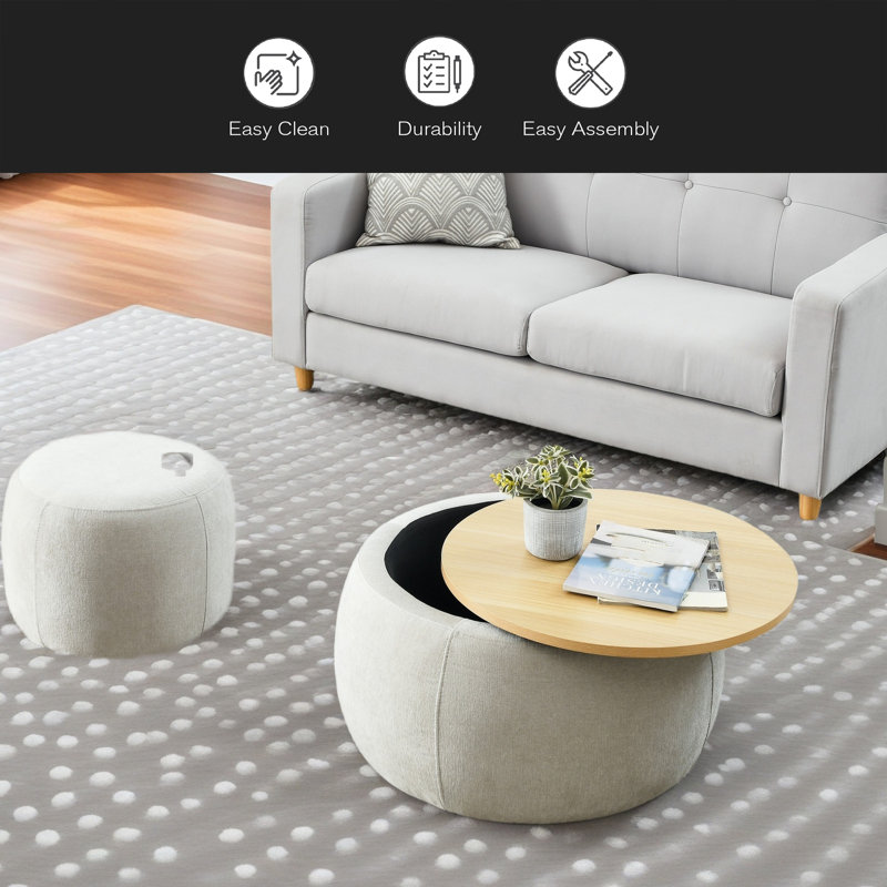 Round Storage Ottoman, 2 In 1 Function, Work As End Table And Ottoman,With Small Seat, Light Gray