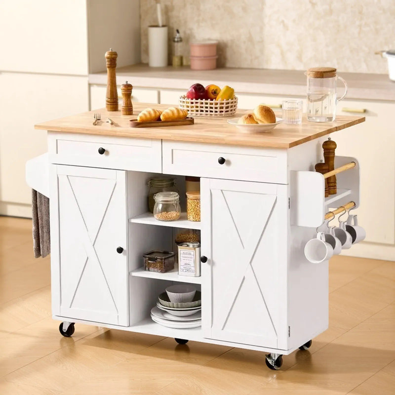 Kitchen Island Cart, with Solid Wood Top and Storage Cabinet, Mobile Rolling Table with Drop Leaf, Drawers, Spice Towel Rack, Portable Islands on Swivel Wheels for Dining Room, 52in Width, White