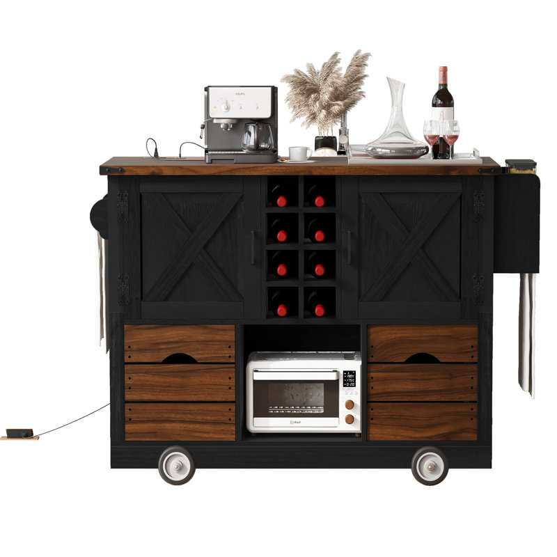 54" Farmhouse Rolling Kitchen Island with Drop Leaf - Power Outlet, 2-Door Storage Cart, 2 Drawers, 4 Large Wheels, Spice Rack for Kitchen & Dining Room, Black