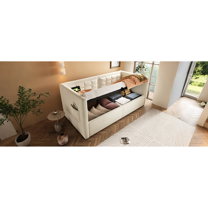 Lit de jour simple rembourré en velours beige avec cadre de lit de rangement hydraulique, charge de type C, lattes en bois et dossier, convient pour les petites pièces