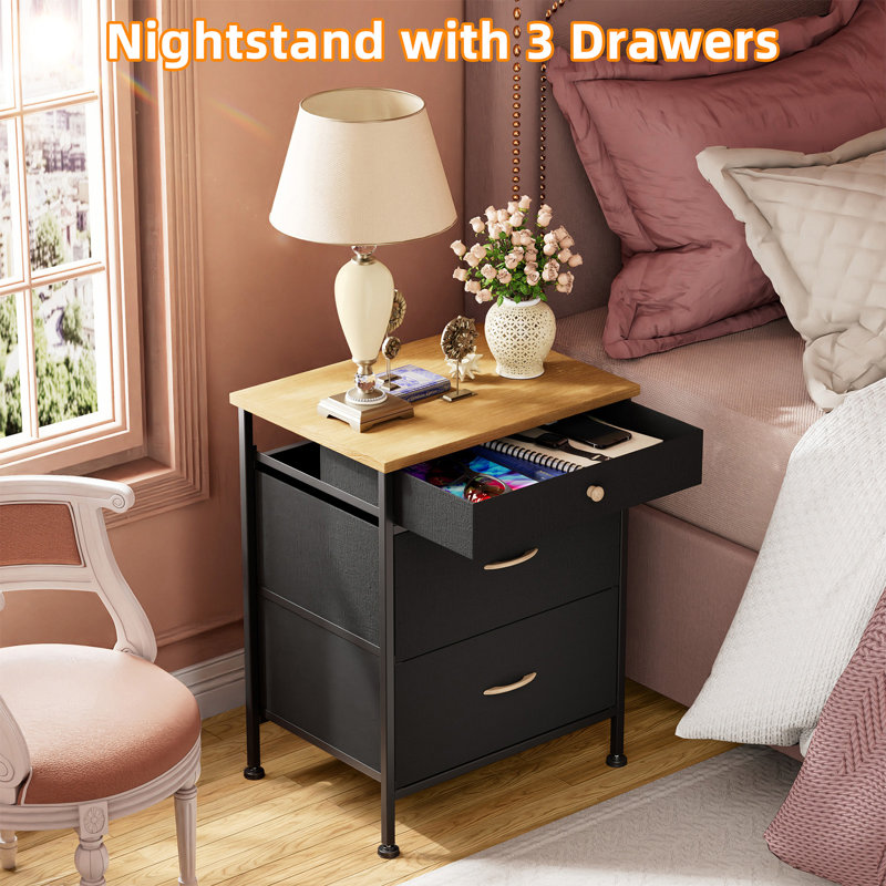 Nightstand, Small Dresser, Bedside Furniture, Night Stand End Table with 3 Fabric Drawers for Bedroom, Leather Finish & Wood Top