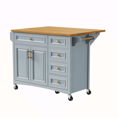 52'' Kitchen Island With Drop Leaf, Embossed Texture Kitchen Island On Wheels With Spice Rack, Towel Rack, 2 Doors And 5 Drawers, Kitchen Storage Cart With Adjustable Shelf For Kitchen