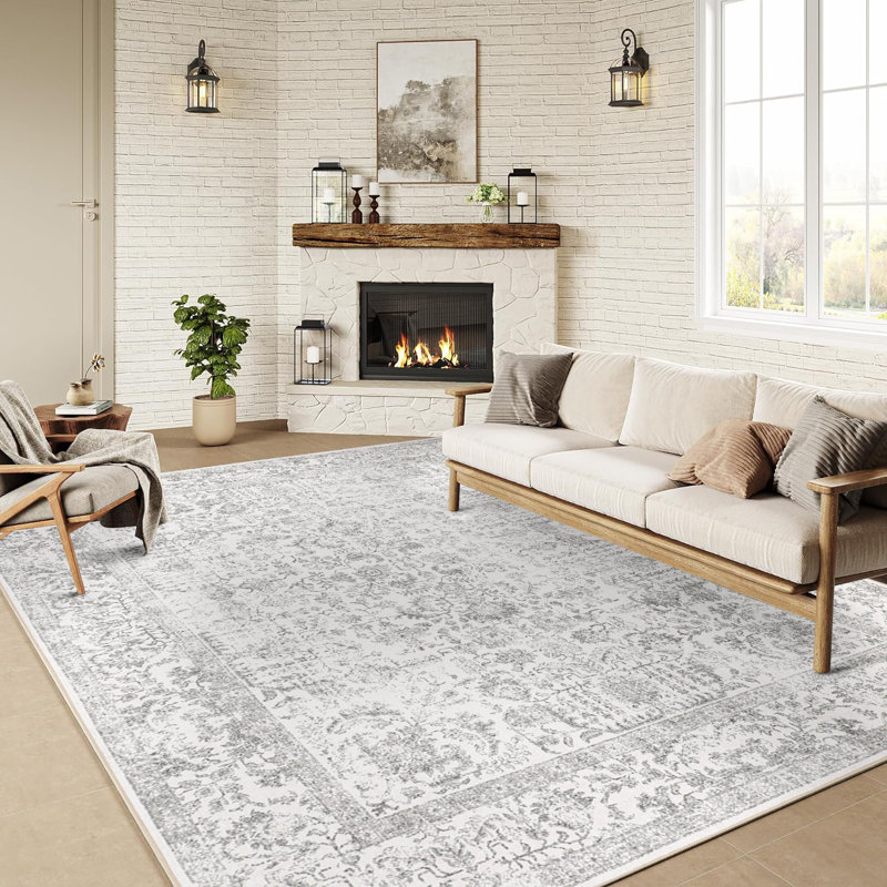 Kitty Machine Washable Vintage Area Rug With Non-Slip Backing, Gray, 0.28", Rectangle 6' x 9'