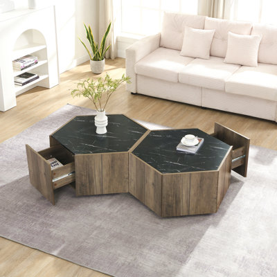 Table basse hexagonale rustique en bois rétro, avec 2 tiroirs cachés, plateau en marbre noir texturé, finition chêne brun clair