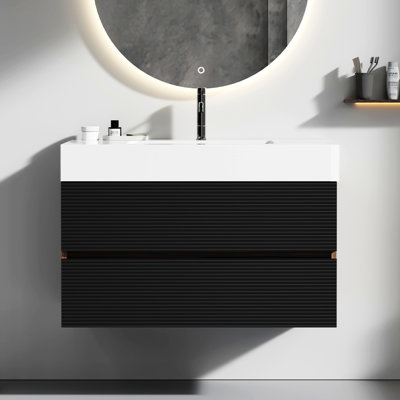 Lavabo de salle de bain en noyer de 36 po - fixation murale avec lavabo blanc brillant et console de tiroir à façade noire