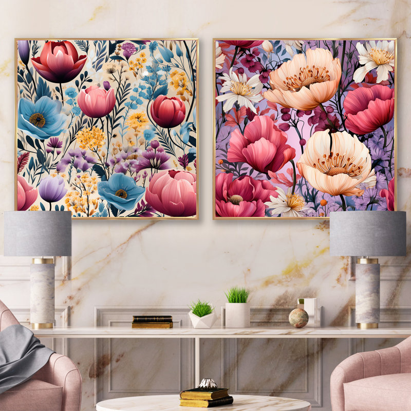 Cyprien - Ensemble de 2 collages carrés floraux, Cadre flottant doré, H 16 po x l 33 po