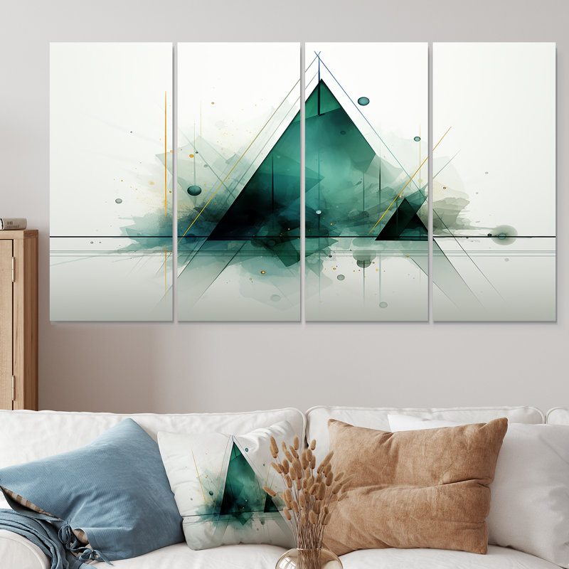 «Green Abstract Echoes Of Piramid V», art mural abstrait géométrique 4 pièces pour le salon, H 28 po x l 48 po