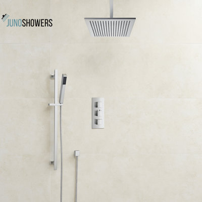 Juno Chrome Plated Solid Brass Ceiling Mount Square Shower Head Set with Hand Shower