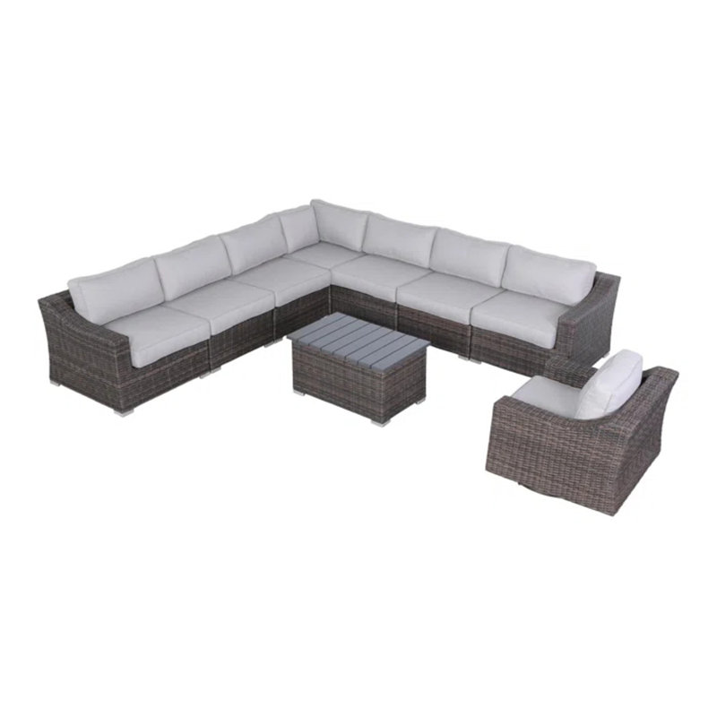 Ensemble modulaire d'extérieur en osier pour 7 personnes avec coussins, pré-assemblé