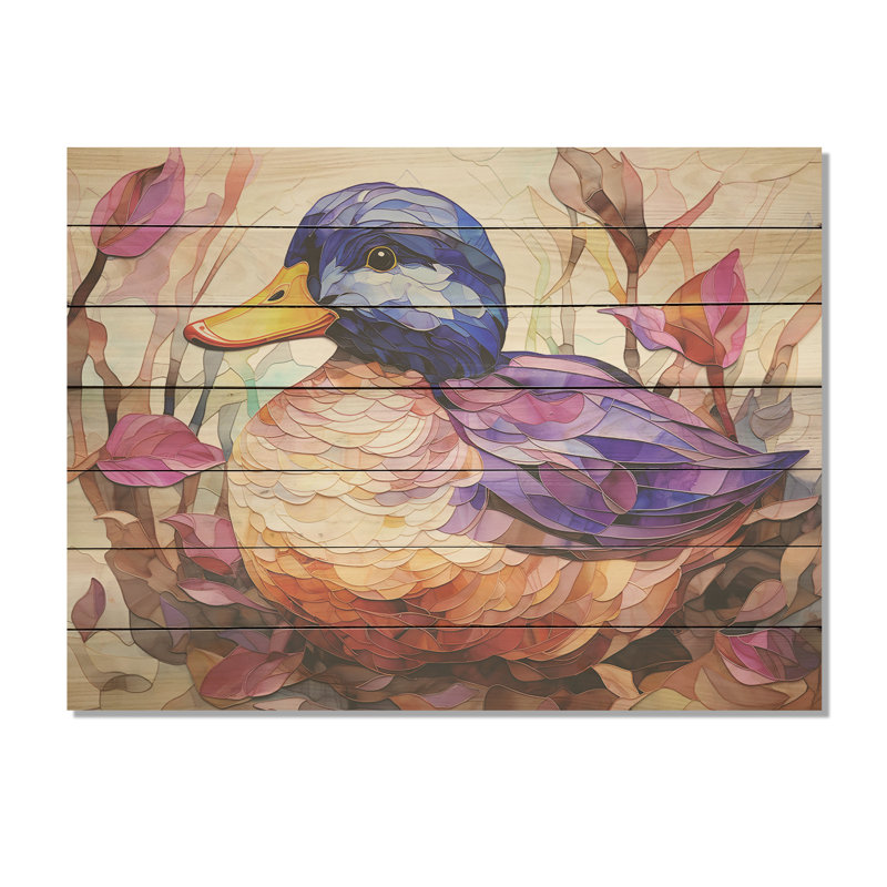 Canard beige et mauve dans un pré - animal canard sur bois, H 10 po x l 20 po x P 0,78 po