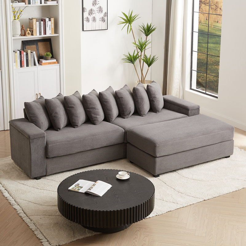  Canapé modulaire en L 104 po avec méridienne en velours côtelé de 104 po, siège profond avec 8 coussins et rangement pour accoudoirs, gris