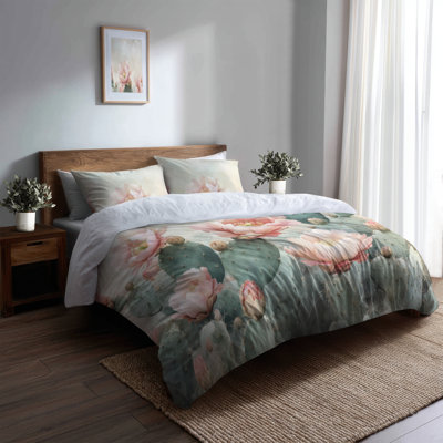 Blush Cactus Desert Bloom Bedding Set of 3 - Pink Desert Duvet Cover With Shams