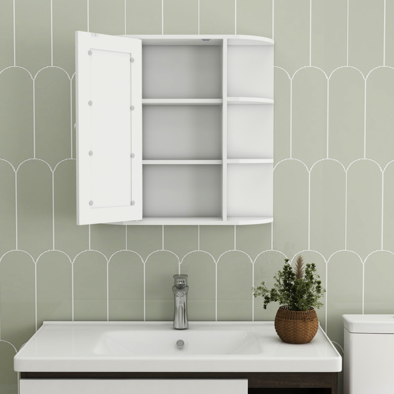 Mirror Bathroom Cabinet Wall Mounted - 6 Open Shelves, 3 Adjustable, Painting White With Modern Design
