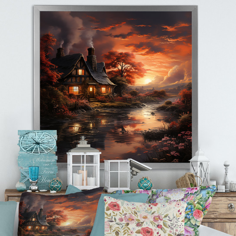 Cottage Sunset Sanctuary 3 - paysage, art mural sur toile, Encadrement doré, H 36 po x l 36 po x P 1,5 po