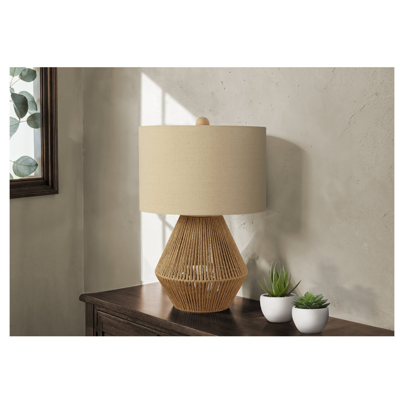 Lampe de table 22 '' H Boho avec base en corde tissée brune et abat-jour en lin beige - Éclairage transitionnel pour le salon, la chambre à coucher et le bureau personnel