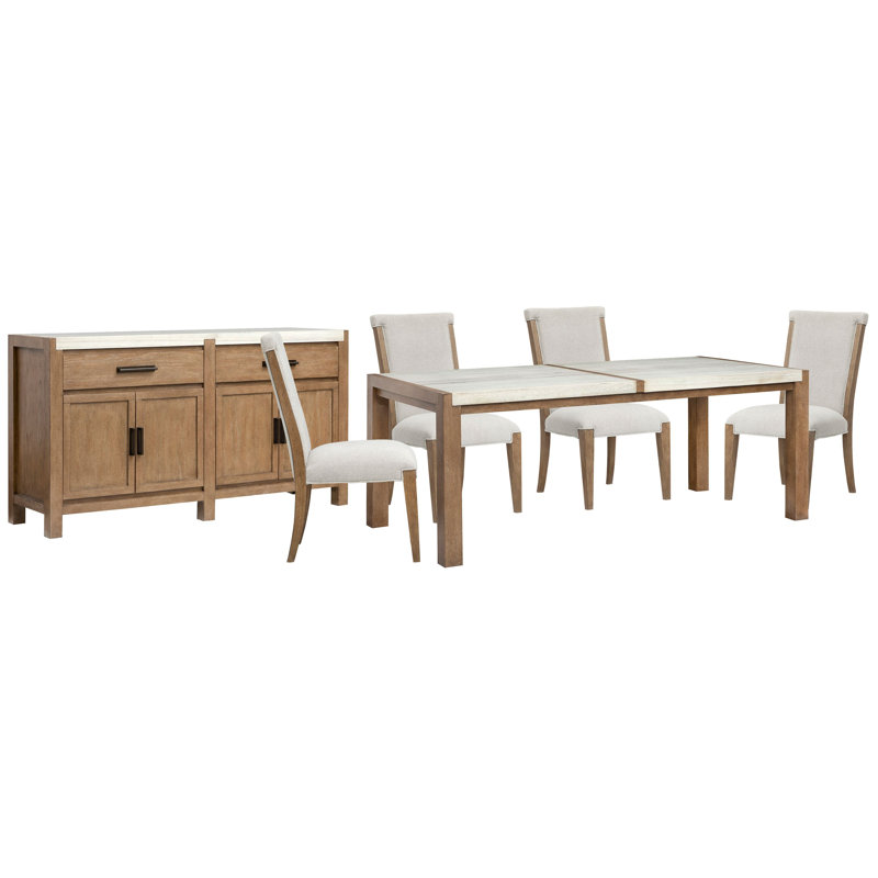 Rectangular Dining Table With 4 Upholstered Side Chairs And Server, 6Pcs:Table,Sideboard,4Chairs