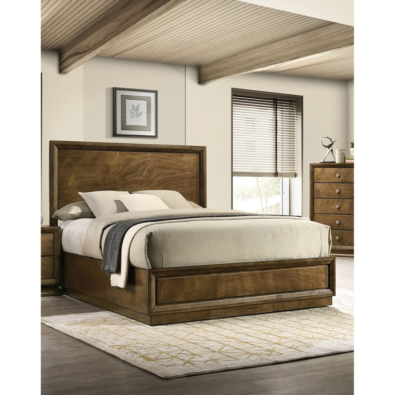 Grand cadre de lit en bois d'hévéa massif, lit à panneau en noyer de 1 pièce avec tête de lit haute et placage, élément de décoration de style chambre à coucher transitionnelle