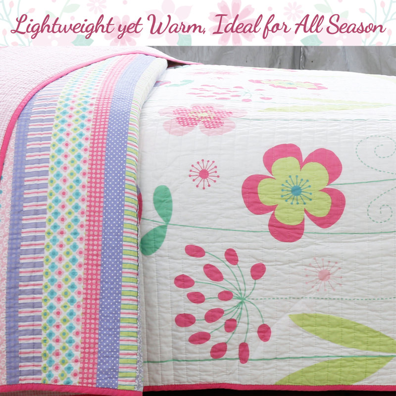 Pink Floral Cotton Reversible Twin Quilt Set with Decorative Pillows
