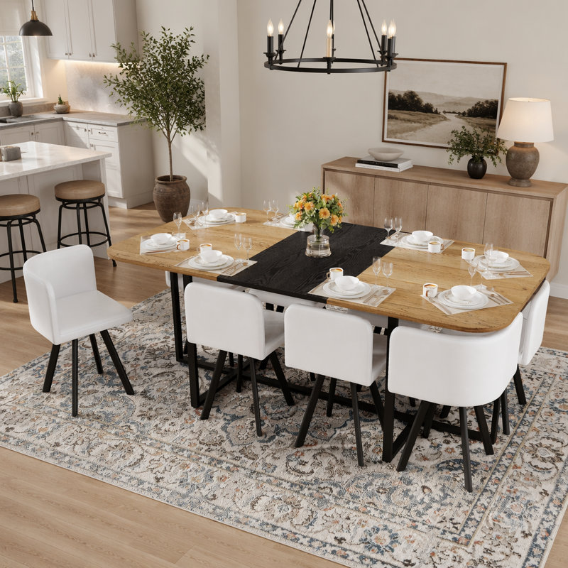 Ensemble de table de salle à manger 9 pièces avec plateau en grain de bois bicolore et 8 chaises en similicuir, parfait pour les réunions de famille et les cuisines modernes