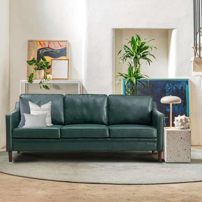  Jannae 80" Vegan Faux Leather Upholstered Square Arm Sofa, Jannae Dark Green Faux Leather