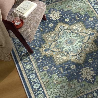 Adler Oriental Performance Navy / Sage 3' x 5' Doormat, Machine Washable
